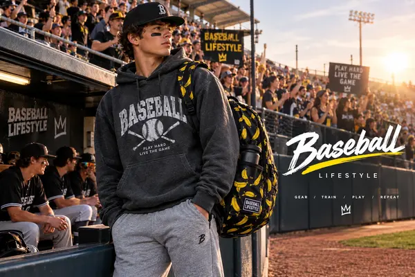 Young baseball player wearing a gray Baseball Lifestyle 101 graphic hoodie and carrying the Banana Neon Backpack in a stadium dugout at golden hour.