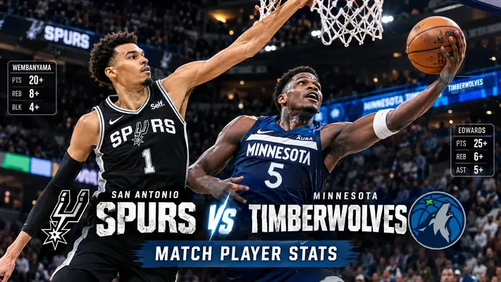 San Antonio Spurs vs Timberwolves match player stats graphic showing Victor Wembanyama blocking Anthony Edwards with scoring and rebounding overlays.