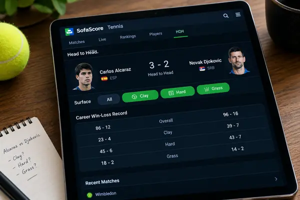 Tablet screen displaying Sofascore tennis head-to-head surface stats and career win-loss records between Carlos Alcaraz and Novak Djokovic.
